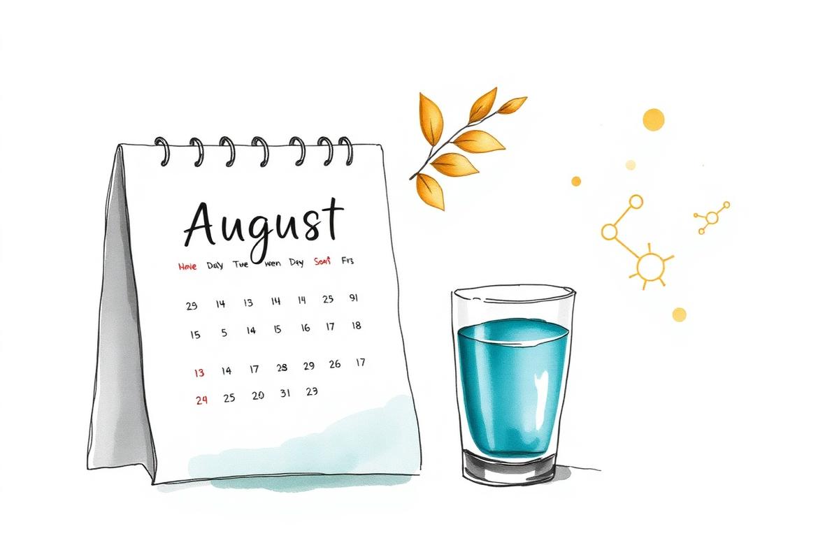Watercolor illustration of an August calendar, a glass of water, a turning golden leaf, and floating hormone molecules