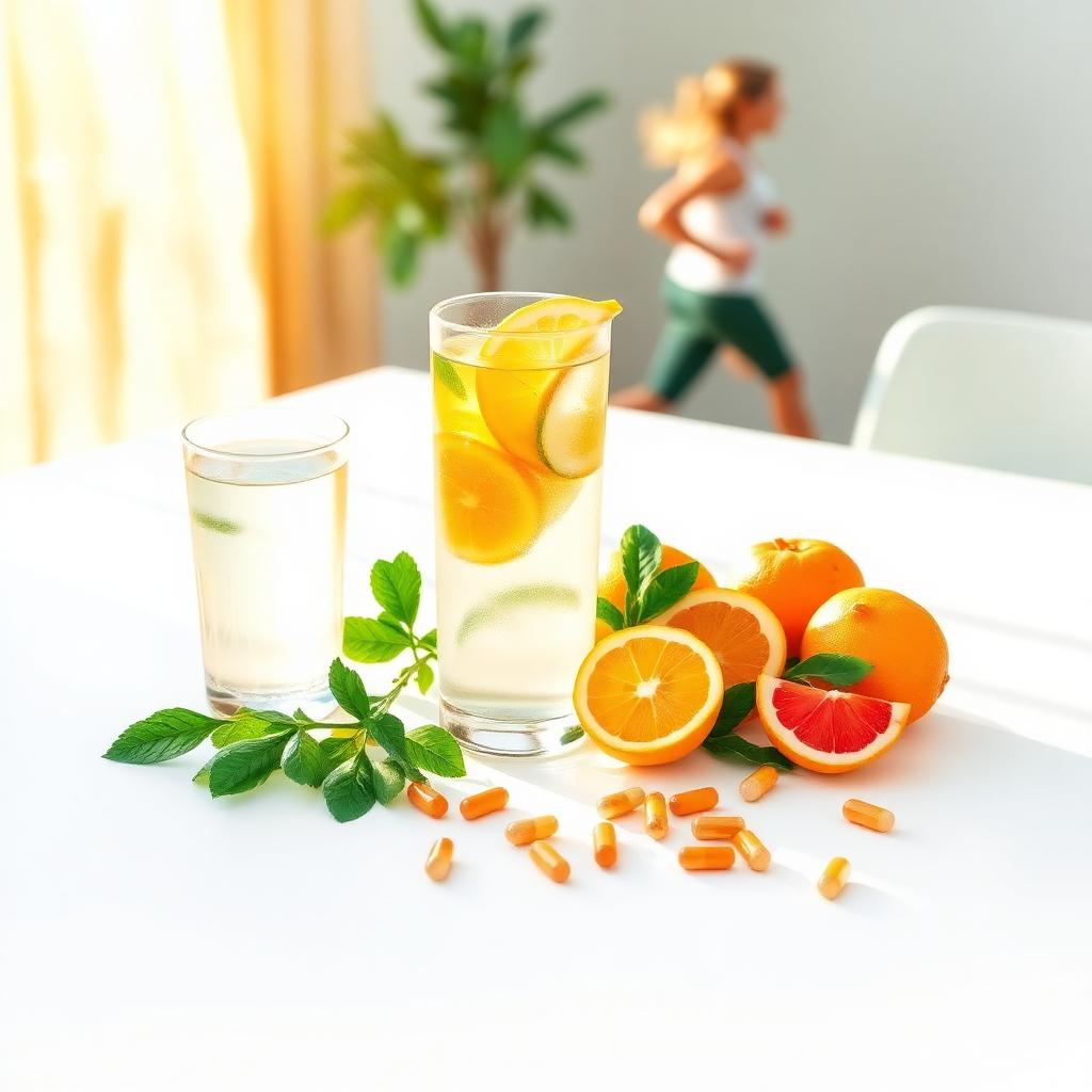 Watercolor illustration of fresh citrus, water, and vitamins on a bright table with an active person in the background