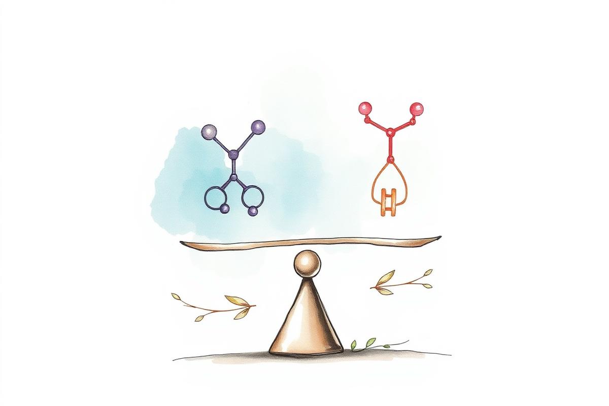 Watercolor illustration of estrogen and testosterone molecules balanced on a scale