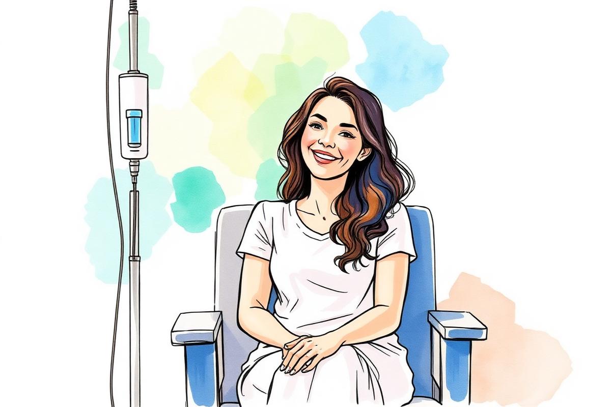 Watercolor illustration of a smiling patient receiving an IV drip in a bright wellness clinic