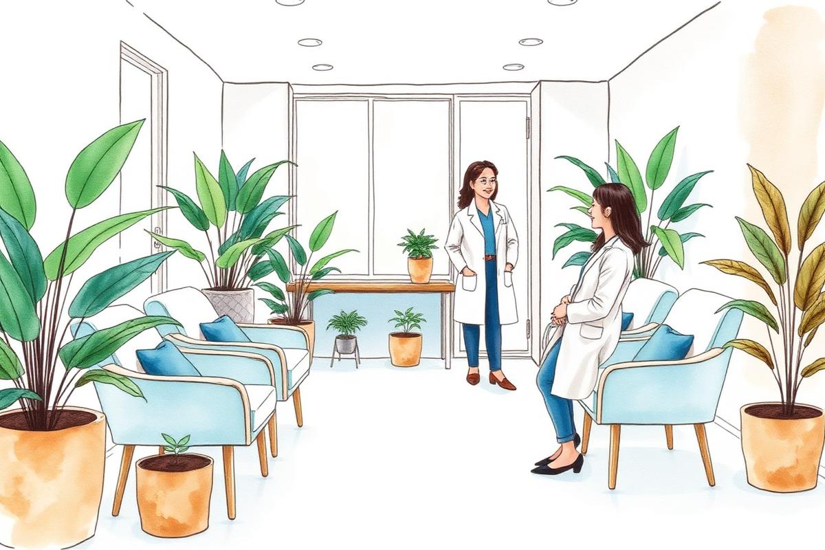 Watercolor illustration of a bright IV therapy and wellness clinic interior with infusion chairs and a clinic owner greeting a guest