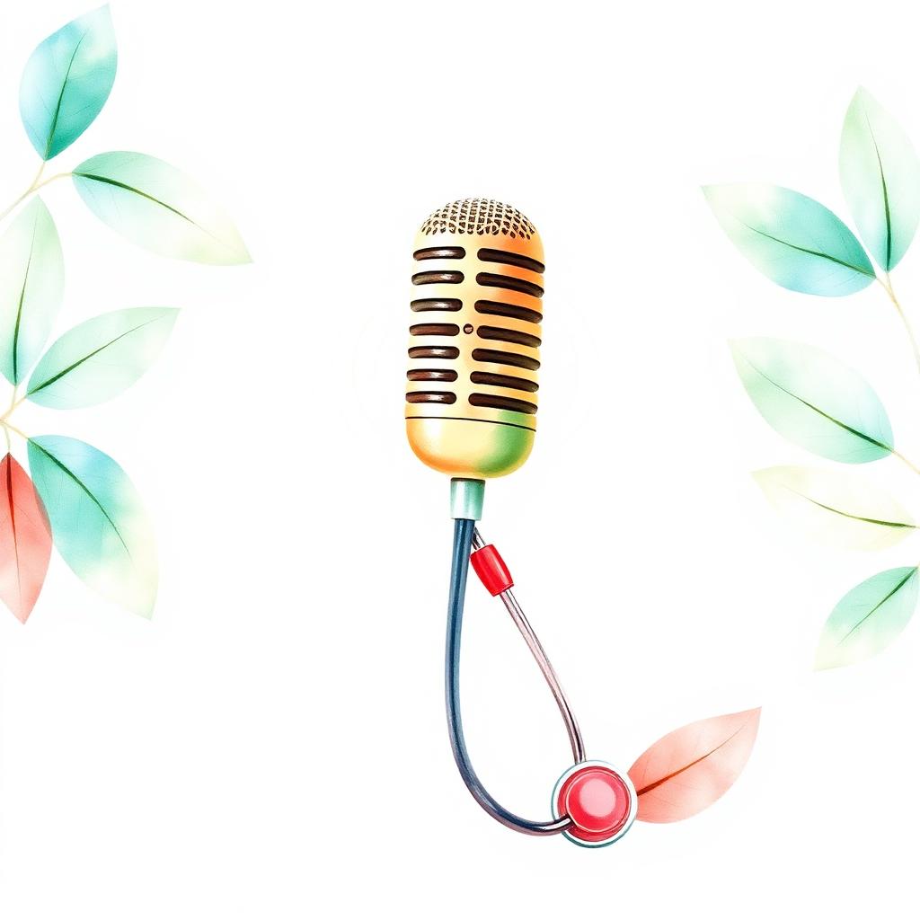 Watercolor illustration of a vintage microphone and stethoscope for the Prime Health Podcast press release