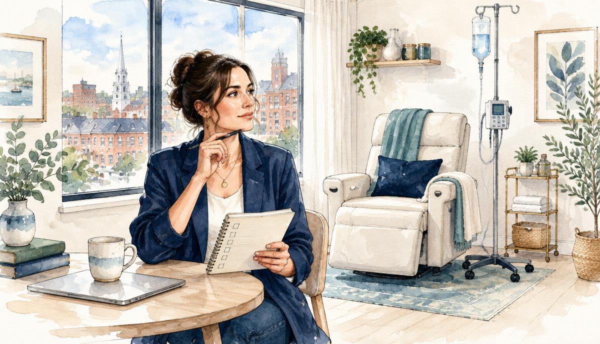 Prospective IV wellness franchise owner reviewing a checklist in a salon suite near Boston, Massachusetts