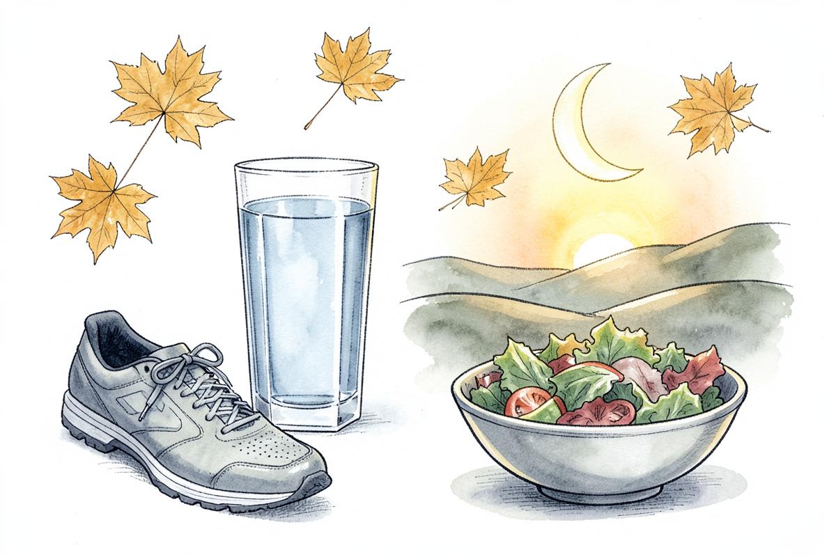 Watercolor illustration of autumn leaves, a glass of water, running shoes, a salad bowl, and a sunrise and crescent moon representing sleep and morning light