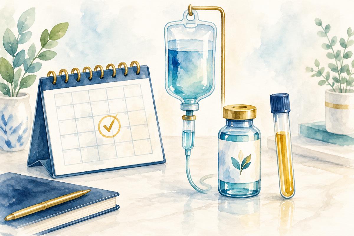 Watercolor illustration of a monthly wellness plan desk at The IV Hub Wellness in Greater Boston — a calendar with a checkmark, an IV drip bag, a B12 vitamin vial, and a lab test tube